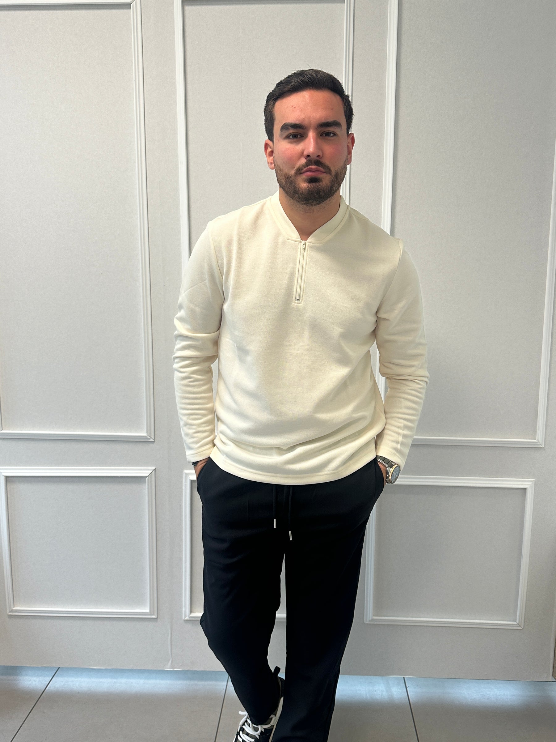Polo Manche longue unis zip Ecru