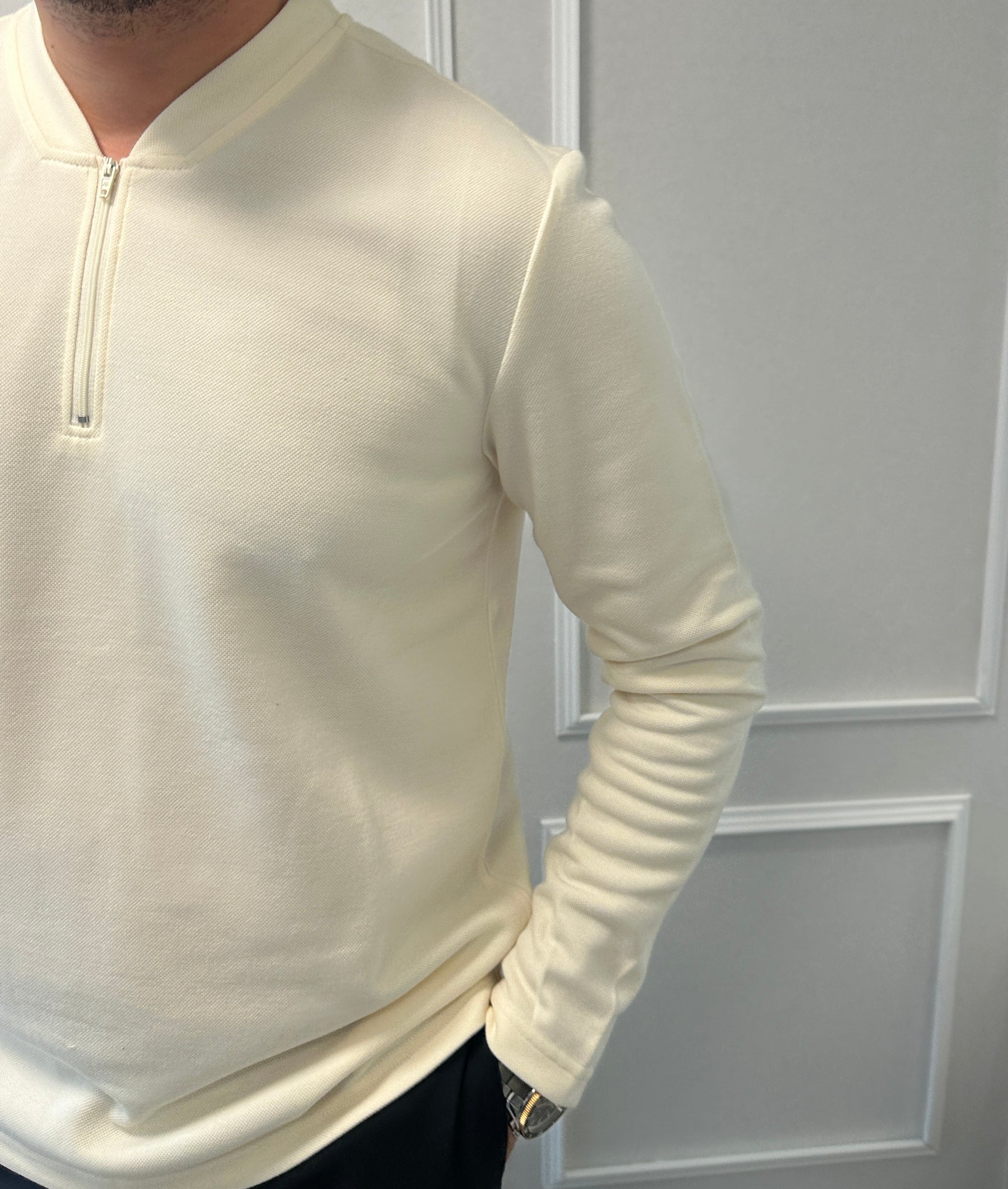 Polo Manche longue unis zip Ecru