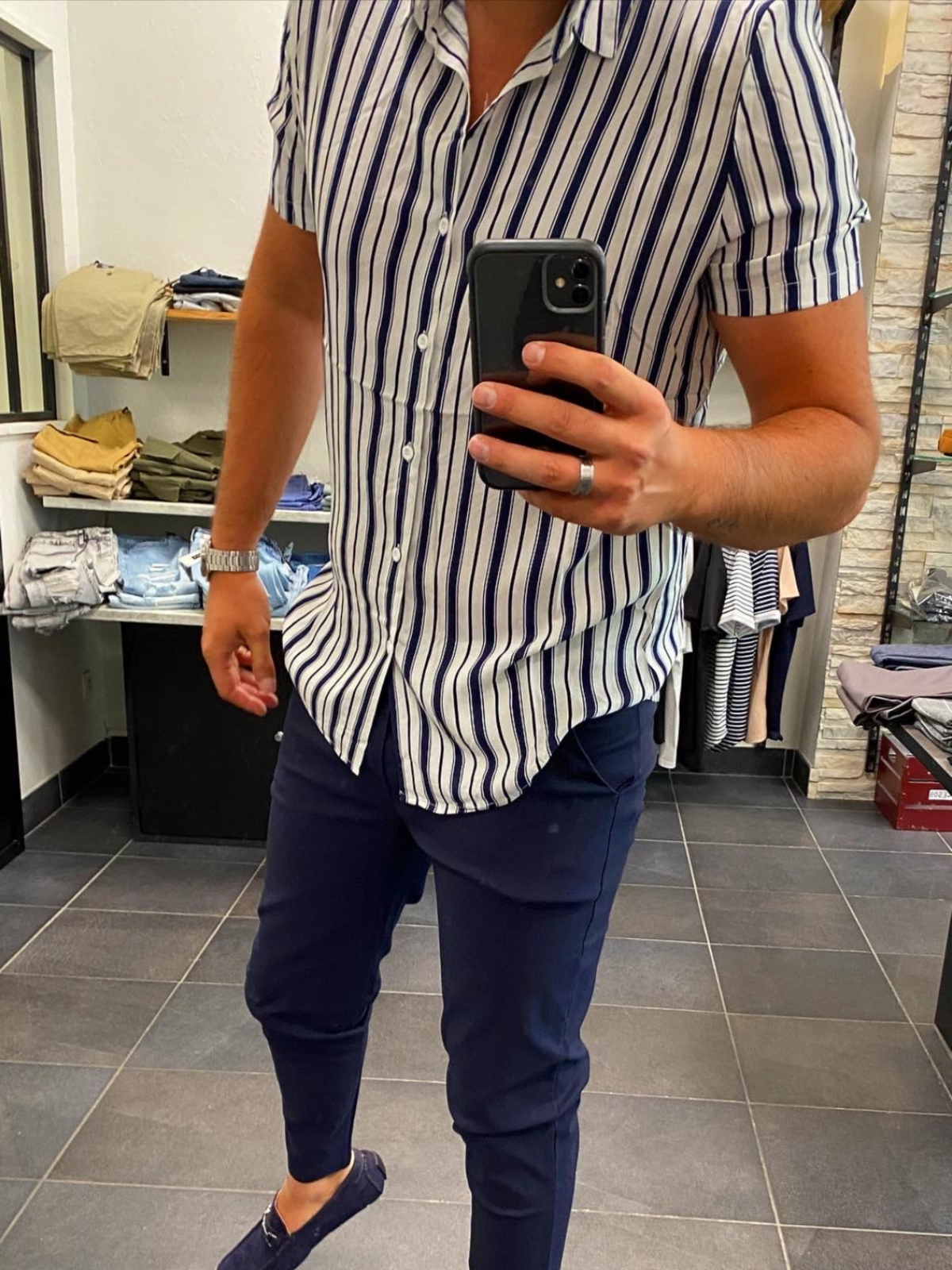 Chemise MC Rayé Marine / Blanc